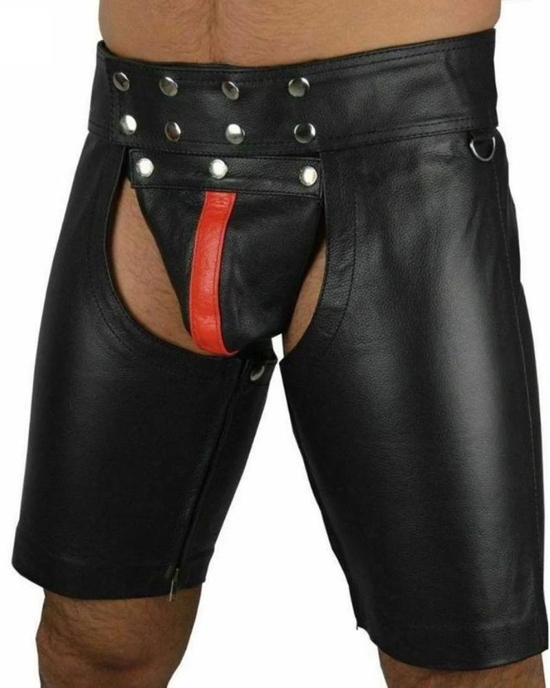 Men’s Leather Chaps Shorts – Black – Adjustable Straps