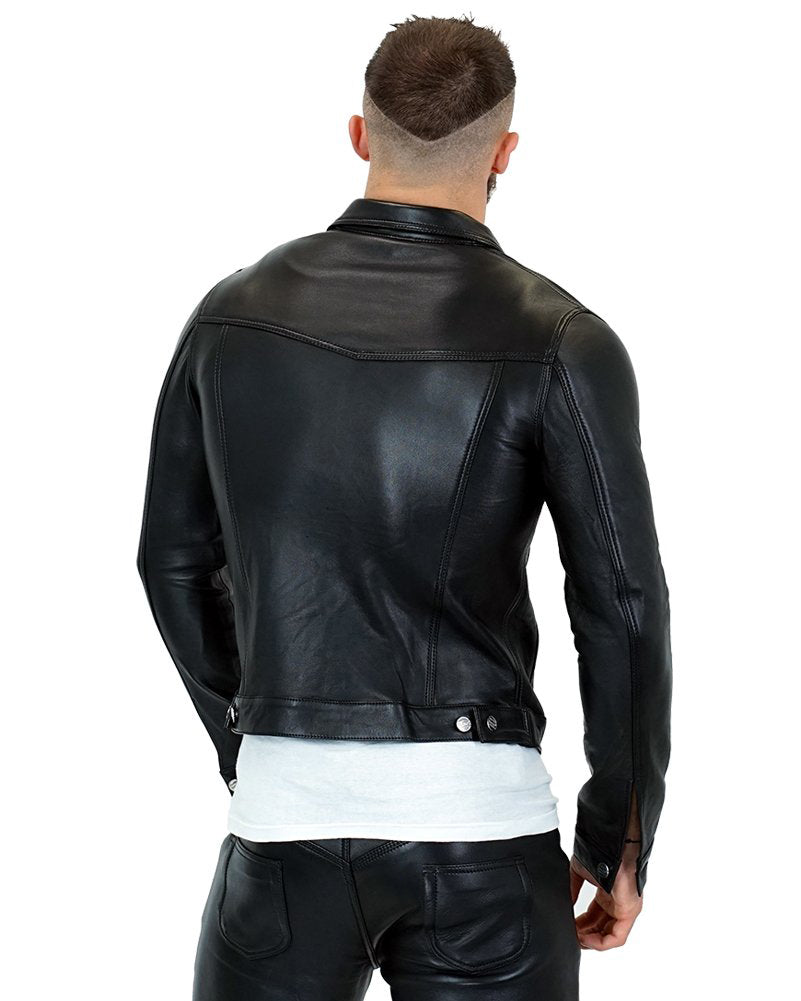 Men’s Leather Denim Jacket – Black – Zipper Closure