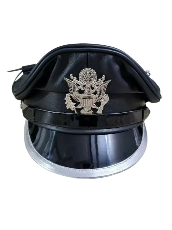 Leather Military Cap – Black – Adjustable Strap