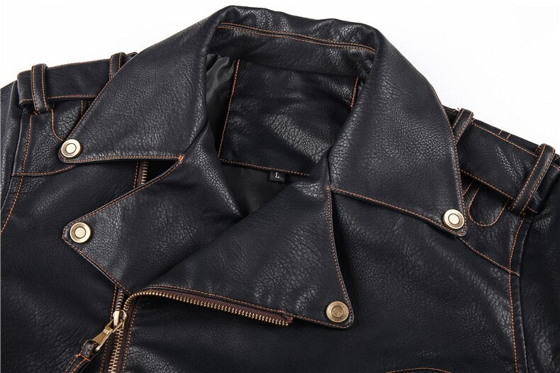 Men’s Leather Punk Jacket – Black – Zipper Closure