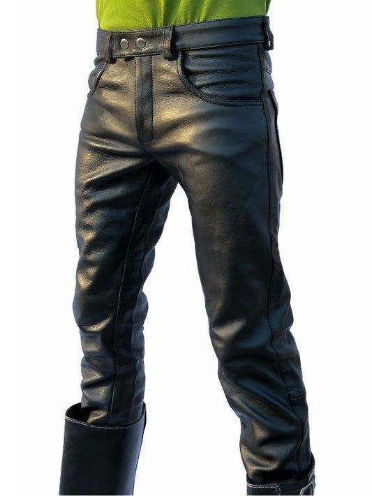 Men’s Leather Jeans Pants – Black – Slim Fit