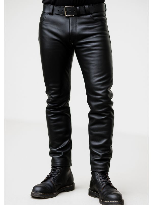 Classic Leather Zipper Jeans Pants