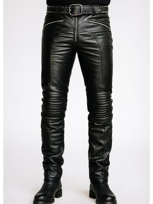 Men’s Leather Biker Pants – Slim Fit – Black