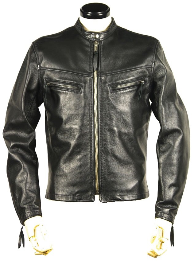 Men’s Leather Motorcycle Jacket – Black – Front Zipper Closure