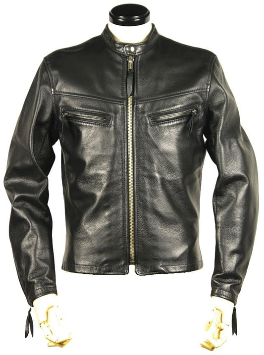 Men’s Leather Motorcycle Jacket – Black – Front Zipper Closure