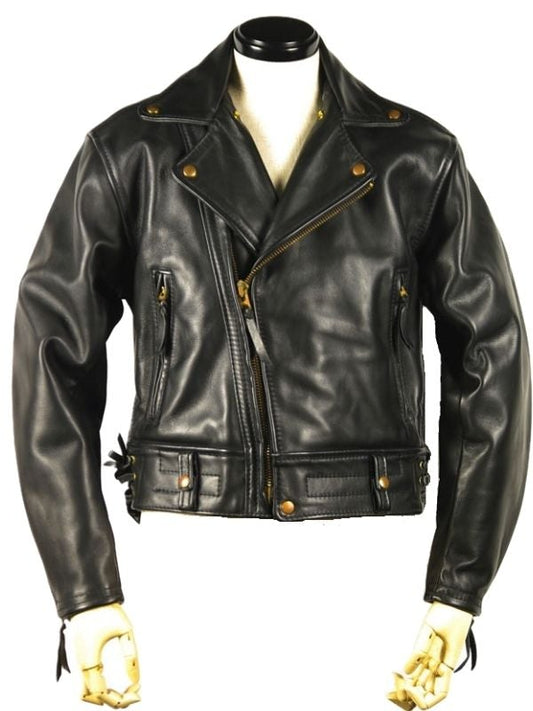 Men’s Leather Biker Jacket – Black – Zipper Closure