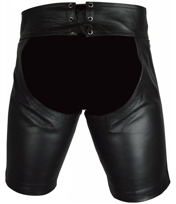 Men’s Leather Chaps Shorts – Black – Adjustable Straps