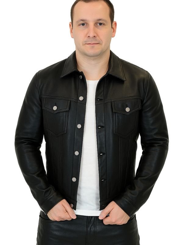 Men’s Leather Denim Jacket – Black – Zipper Closure