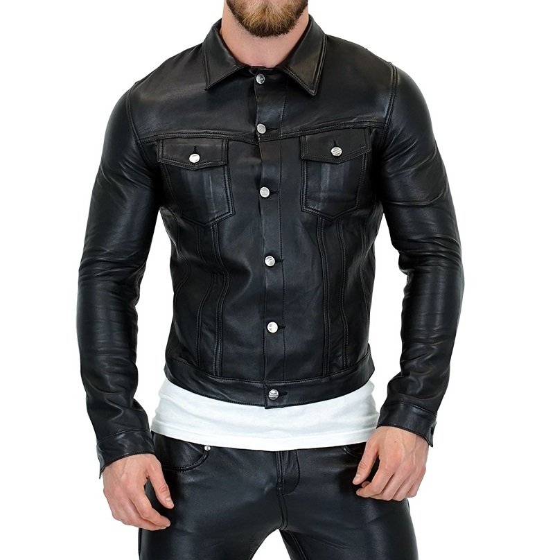 Men’s Leather Denim Jacket – Black – Zipper Closure