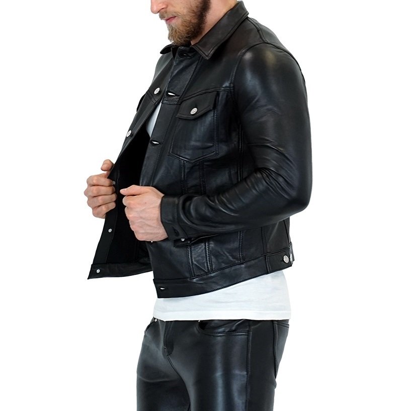 Men’s Leather Denim Jacket – Black – Zipper Closure