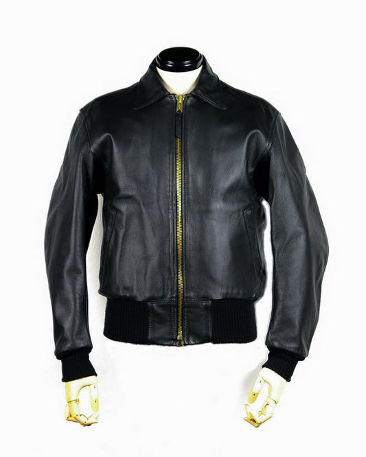 Men’s Leather Flight Jacket – Black – Zipper Closure
