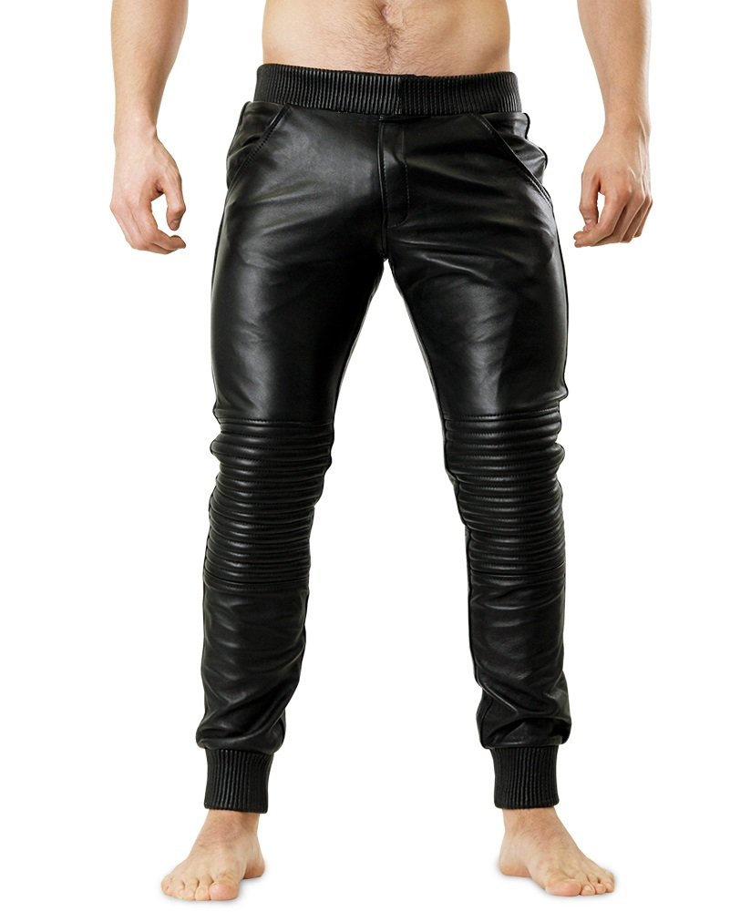 Men’s Leather Jogger Pants – Black – Elastic Waist