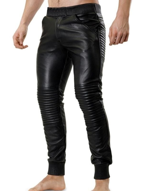 Men’s Leather Jogger Pants – Black – Elastic Waist