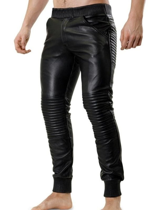Men’s Leather Jogger Pants – Black – Elastic Waist