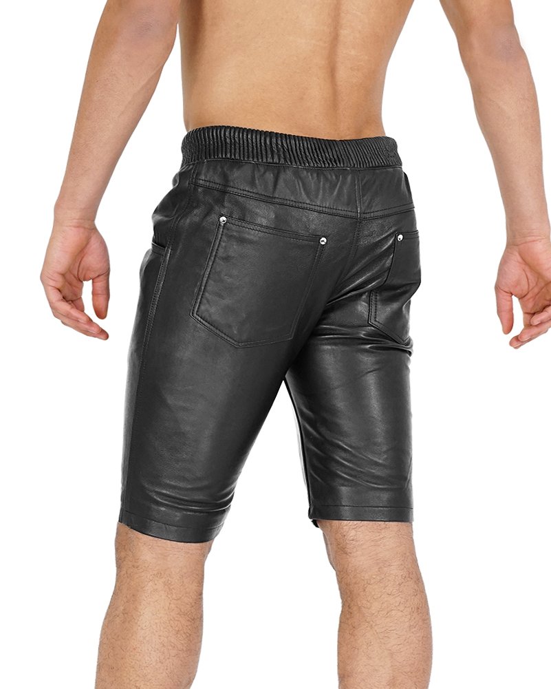 Men’s Leather Jogger Shorts – Black – Elastic Waist