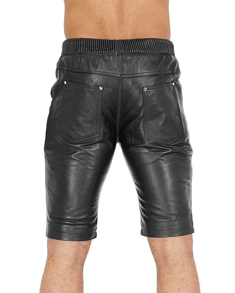 Men’s Leather Jogger Shorts – Black – Elastic Waist