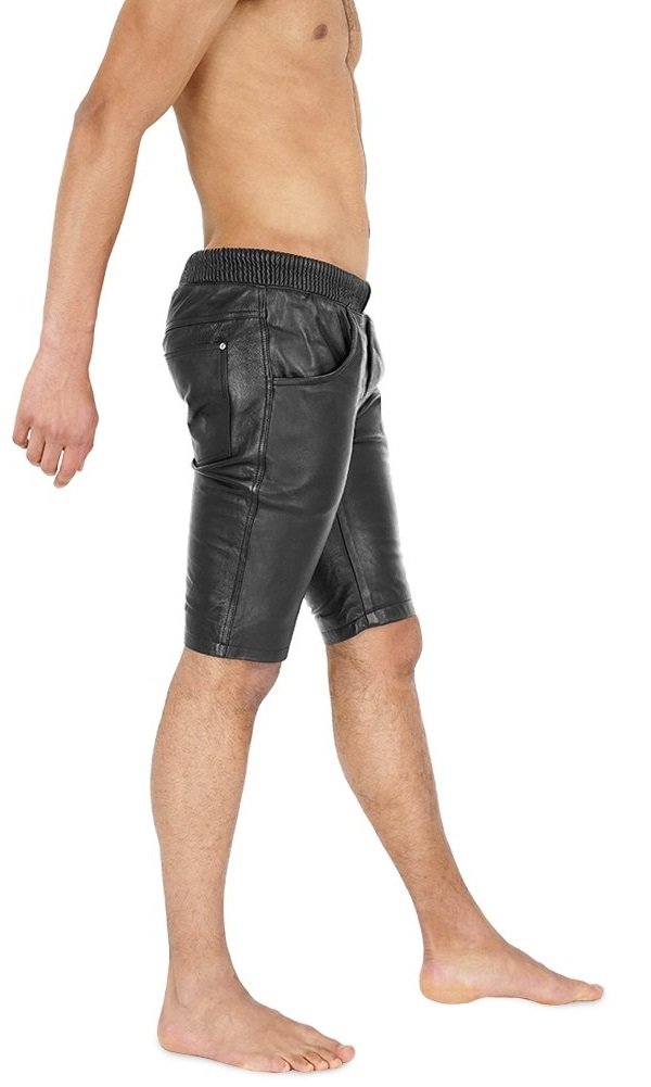 Men’s Leather Jogger Shorts – Black – Elastic Waist