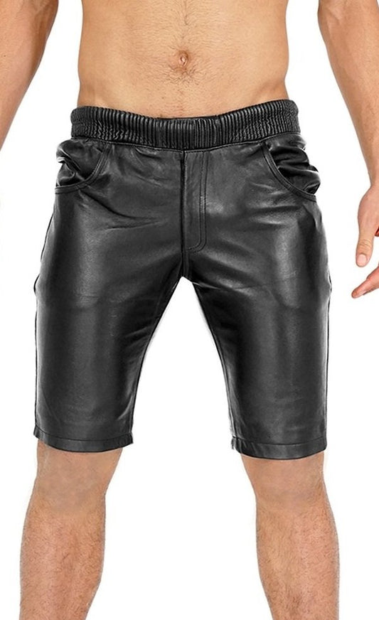 Men’s Leather Jogger Shorts – Black – Elastic Waist