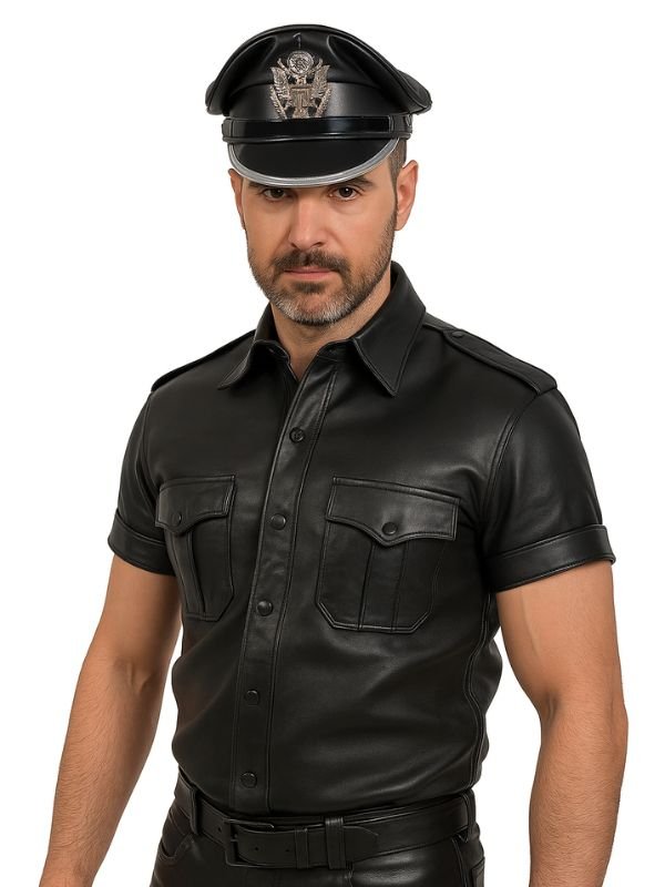 Leather Military Cap – Black – Adjustable Strap
