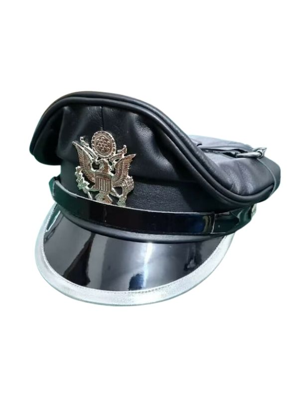 Leather Military Cap – Black – Adjustable Strap