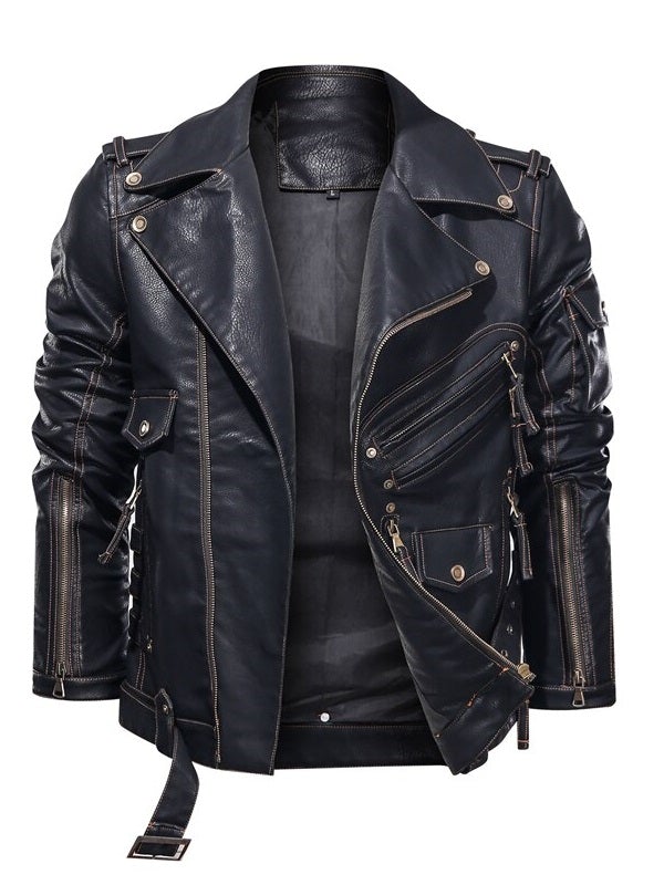 Men’s Leather Punk Jacket – Black – Zipper Closure