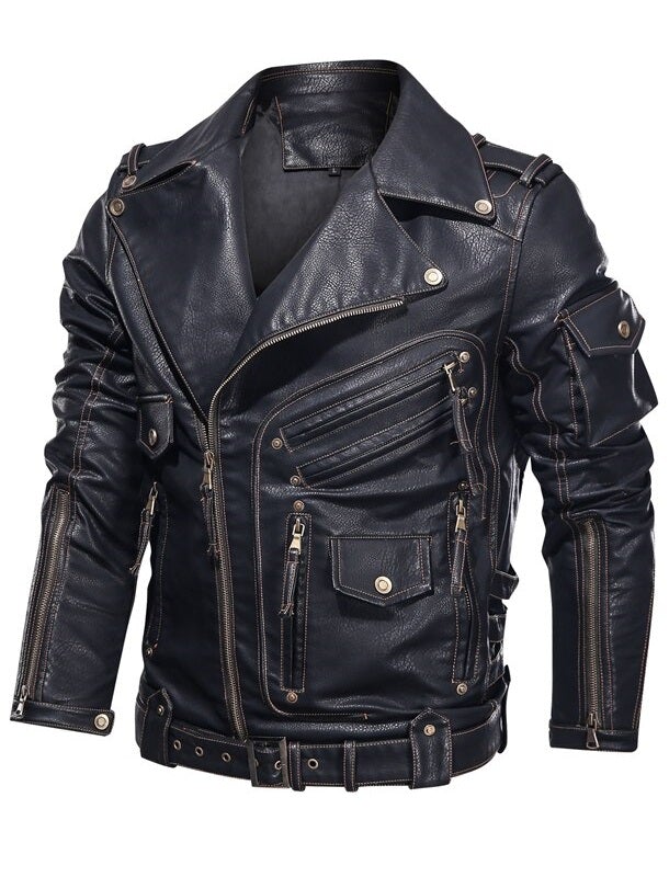 Men’s Leather Punk Jacket – Black – Zipper Closure