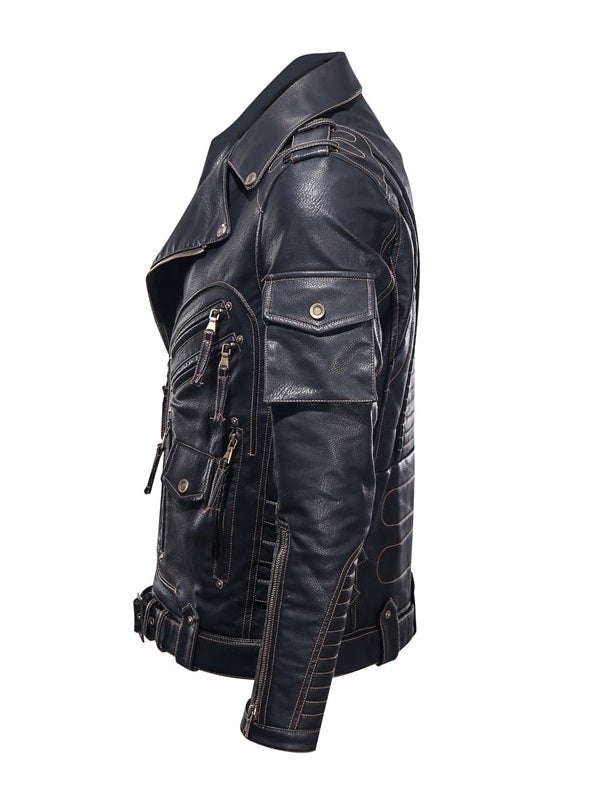 Men’s Leather Punk Jacket – Black – Zipper Closure