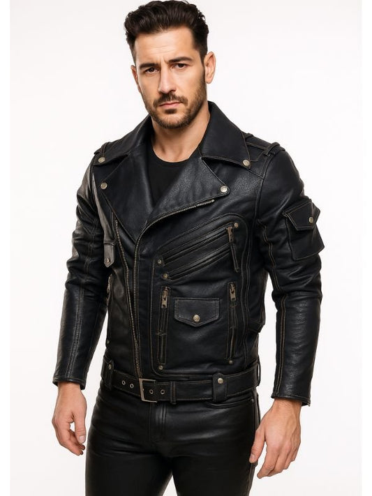 Men’s Leather Punk Jacket – Black – Zipper Closure
