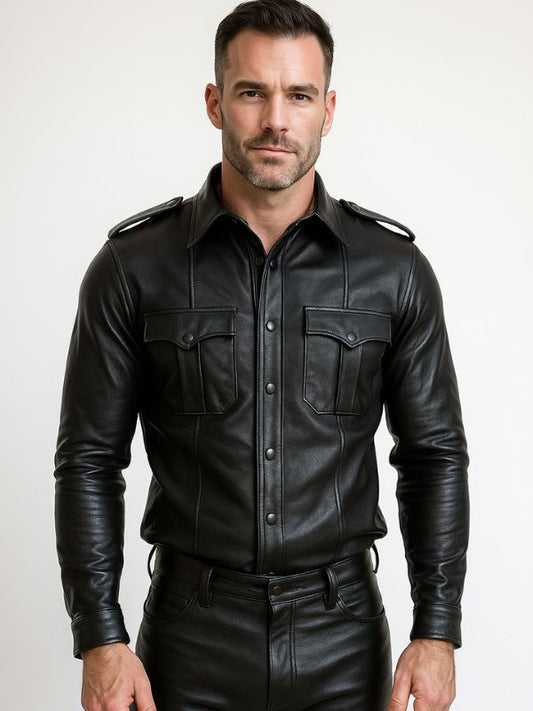Men’s Leathermen Long Sleeve Uniform Shirt – Black – Button Closure