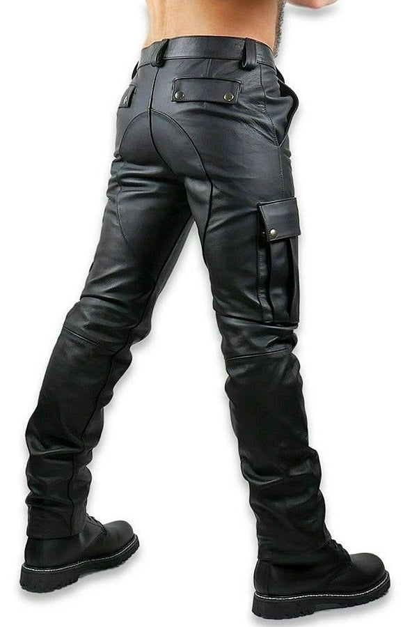 Men’s Leather Cargo Pants – Black – Slim Fit