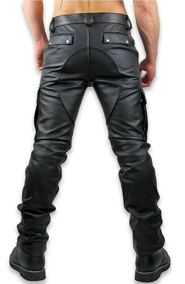 Men’s Leather Cargo Pants – Black – Slim Fit