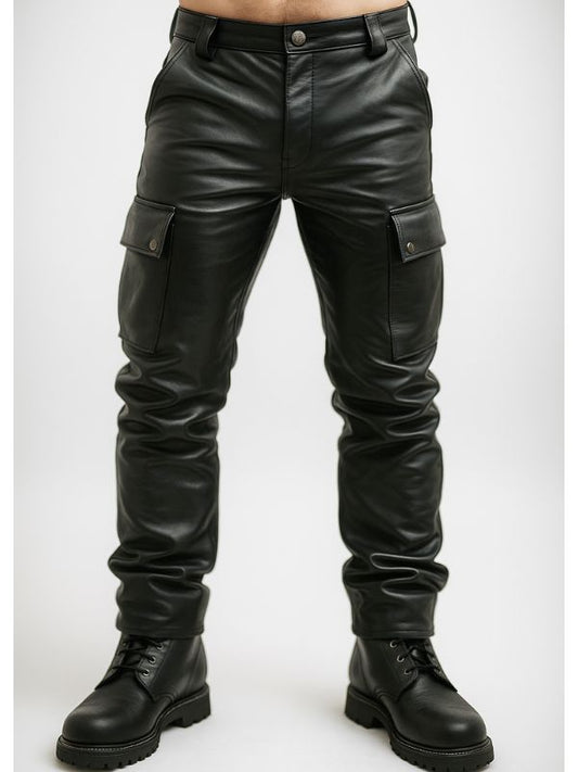 Men’s Leather Cargo Pants – Black – Slim Fit