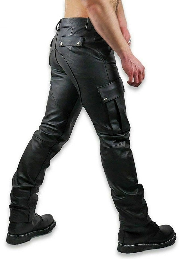Men’s Leather Cargo Pants – Black – Slim Fit
