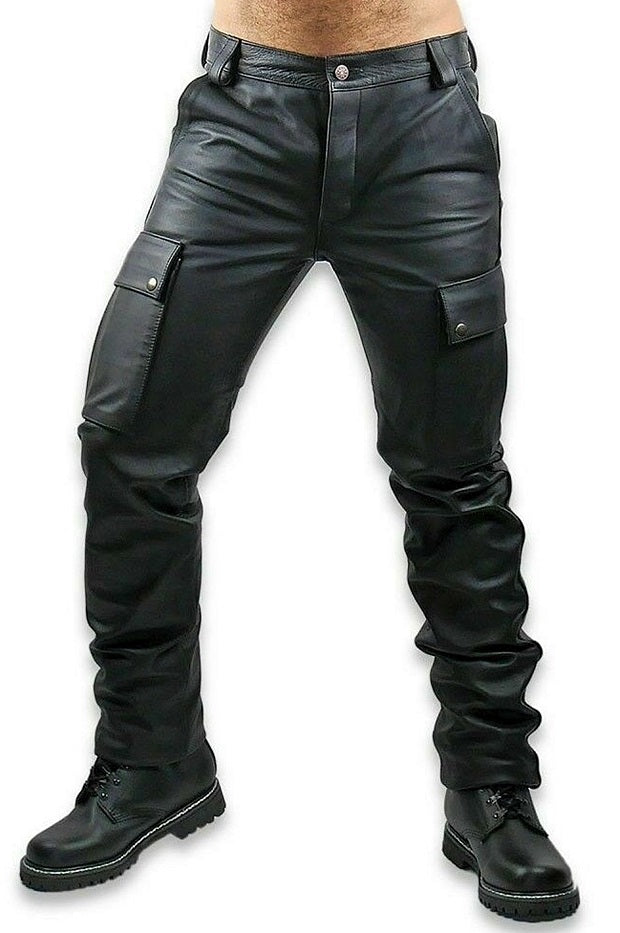 Men’s Leather Cargo Pants – Black – Slim Fit