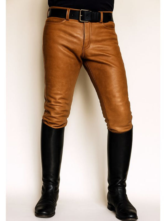 Men’s Tan Leather Jeans – Slim Fit – Streetwear Style