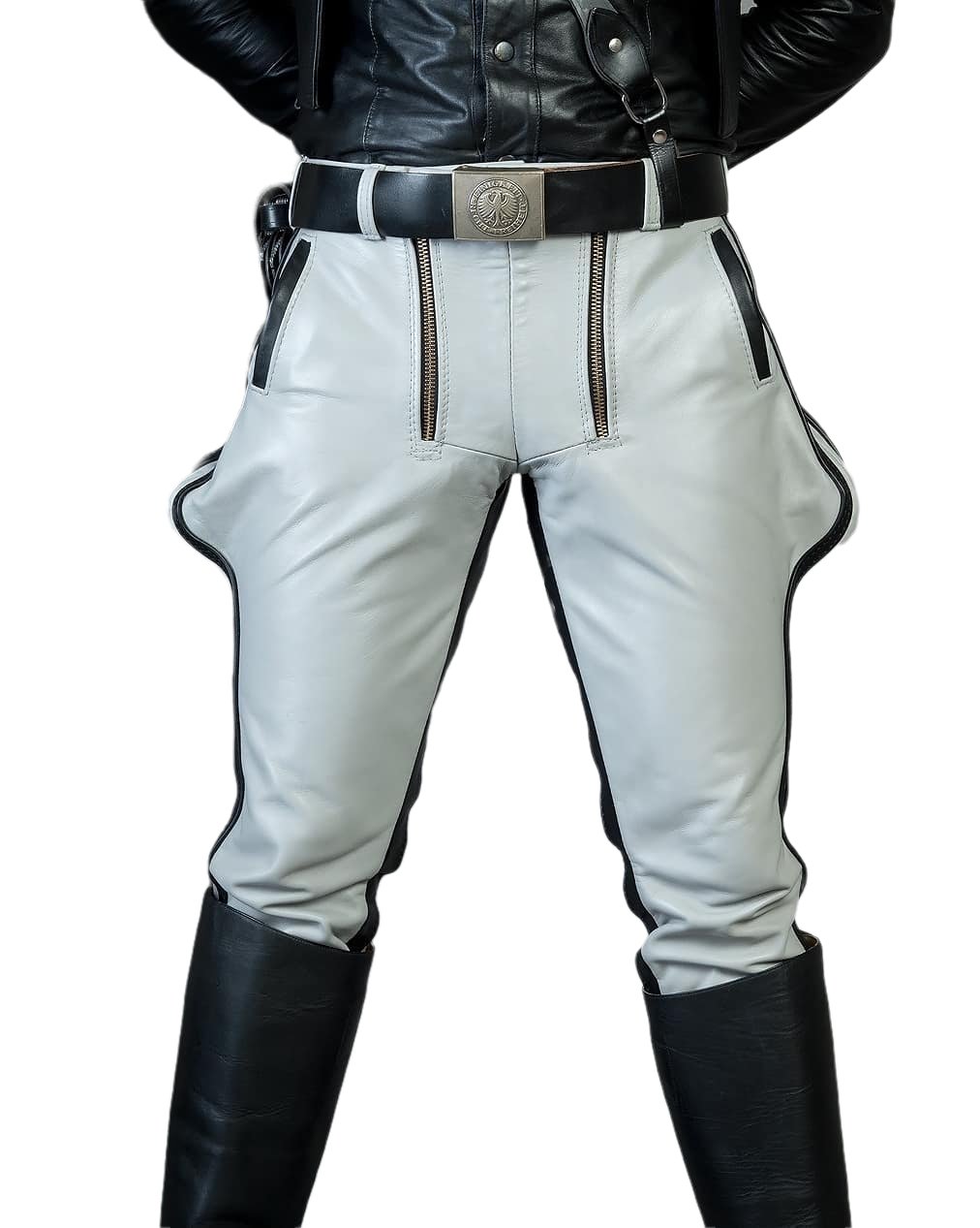 Men’s Leather Breeches – White with Black Accent – Slim Fit