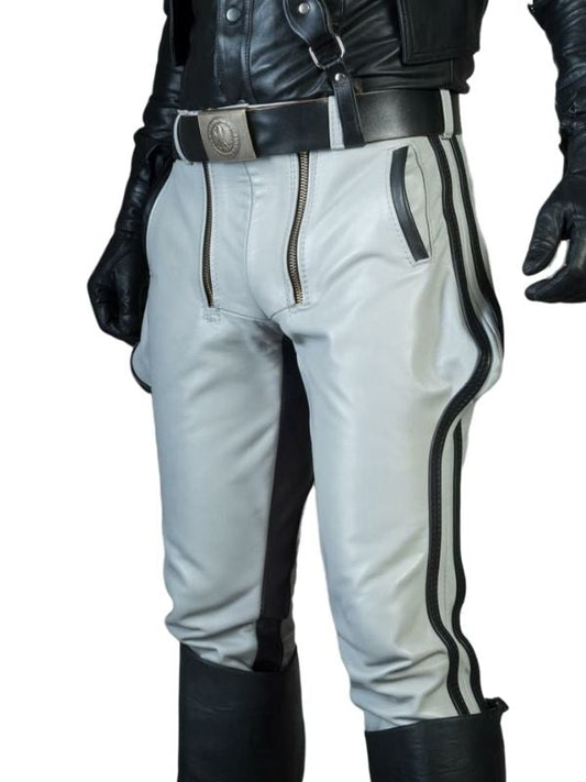 Light gray pants with black accents and a belt on a white background